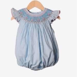 Smocked Blue Swiss Dot Baby Romper with Pink Accents